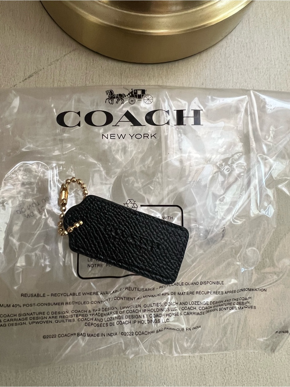 Coach Black Pebbled Leather Tag & Gold Ball Chain
